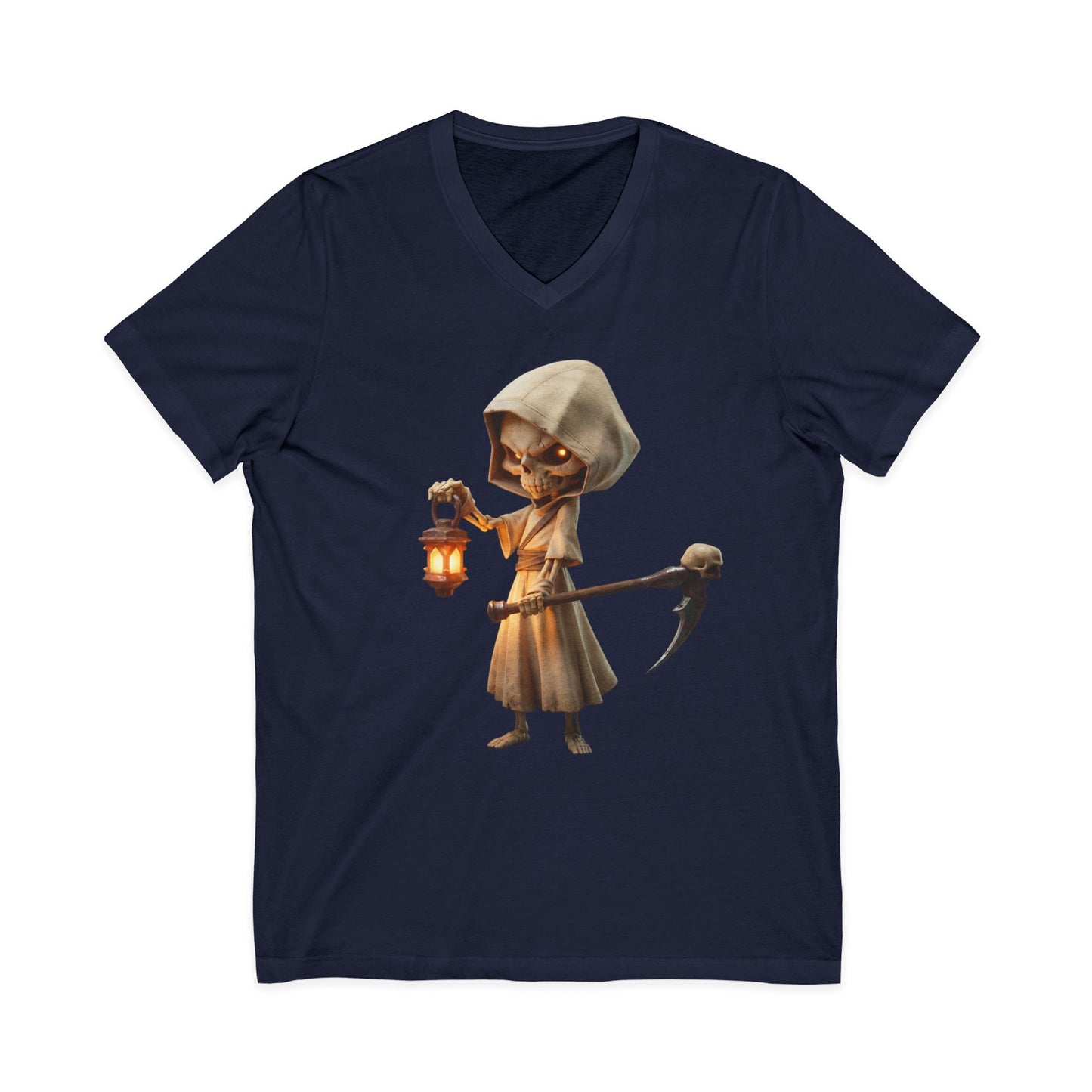 Lantern-Bearing Skeleton Hooded Tee – Rustic Reaper Guardian V-Neck Shirt
