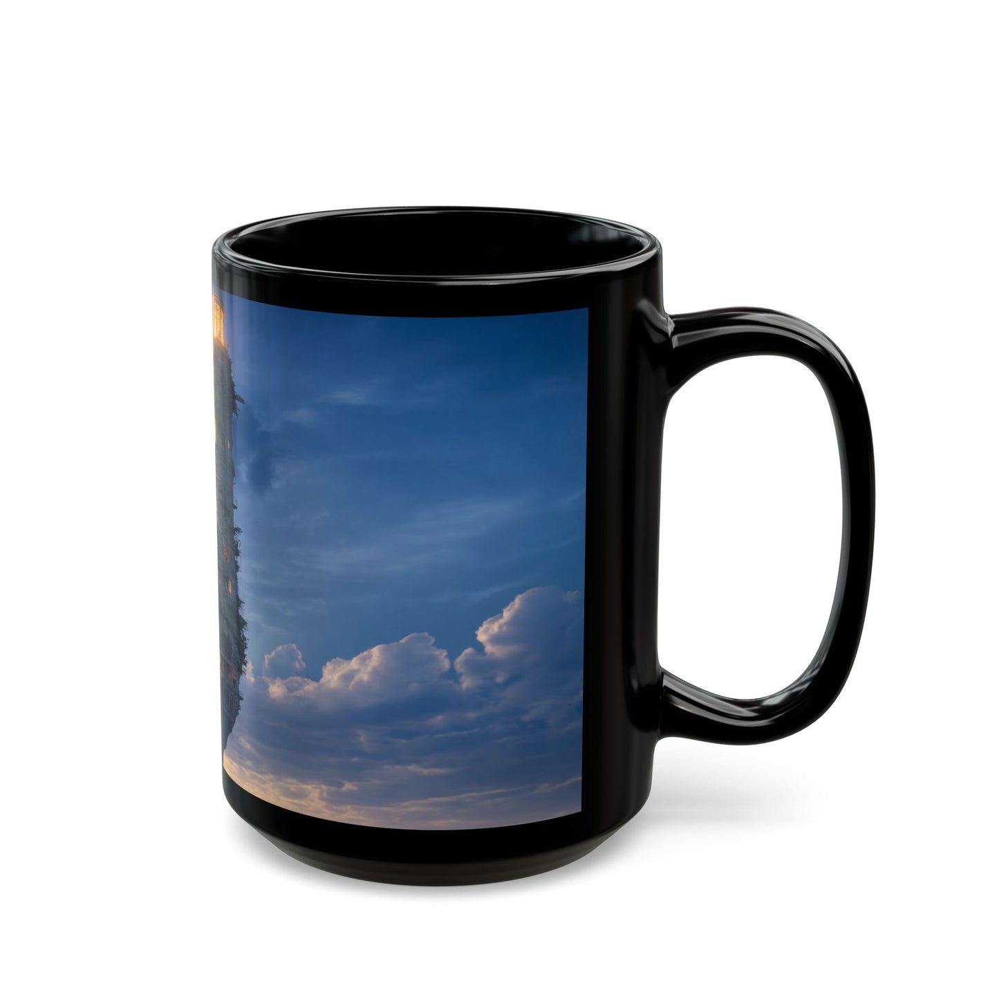 Skyborne Lighthouse Black Mug – Twilight Beacon Over Endless Sea