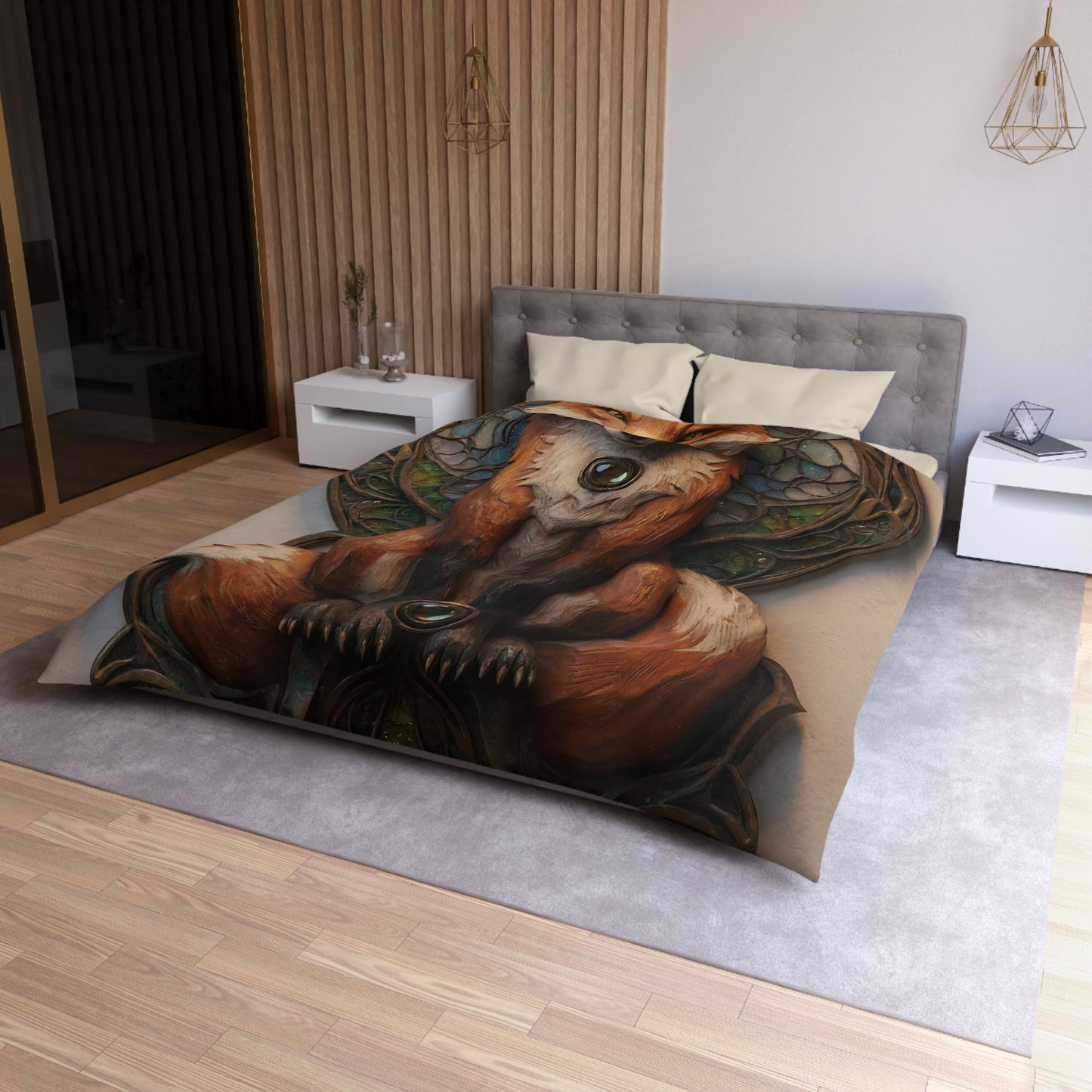 Fox Sentinel Microfiber Duvet Cover – Warm Amber Guardian in Stained Glass