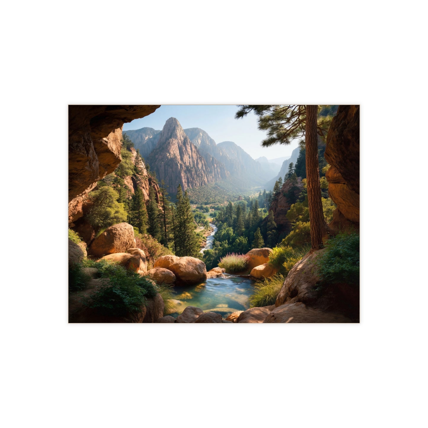 Canyon River View Ceramic Photo Tile – Sunlit Valley Through Stone Archway
