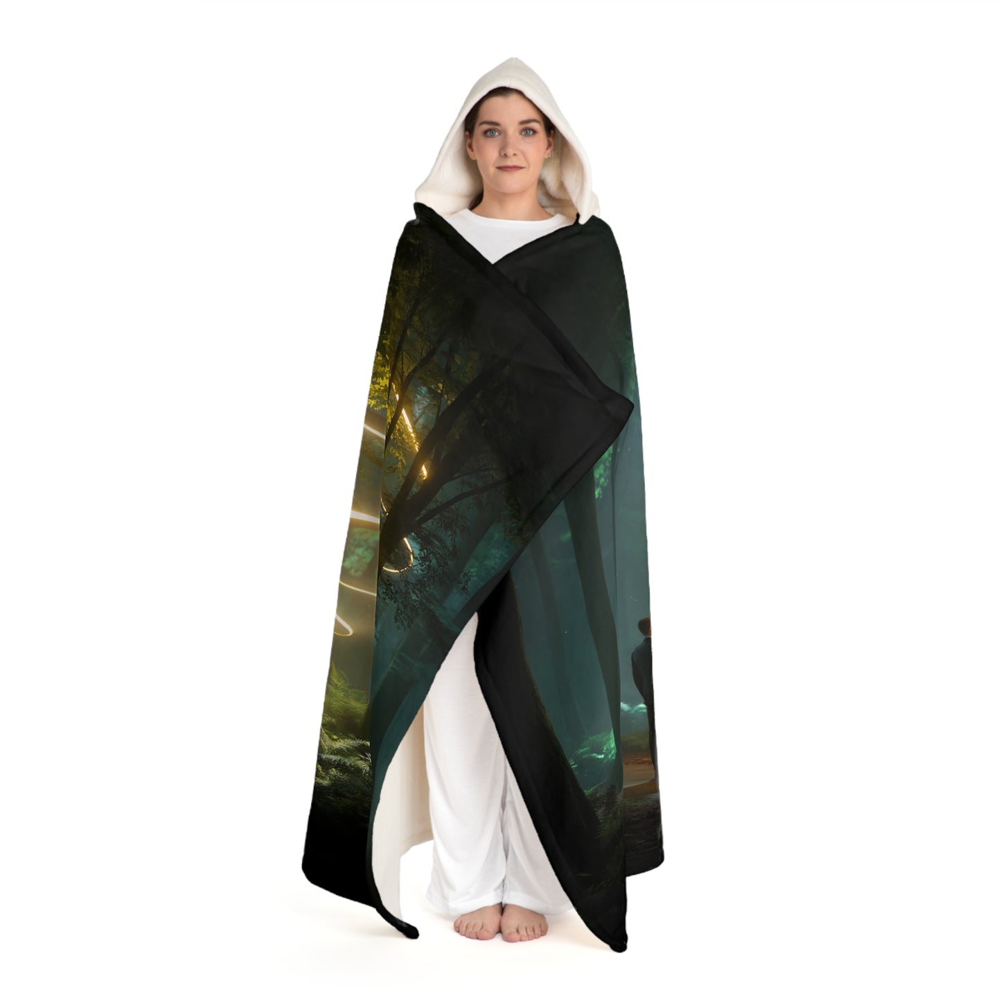 Spiral Light Sentinel Hooded Sherpa Fleece Blanket – Amber Forest Guardian Tapestry