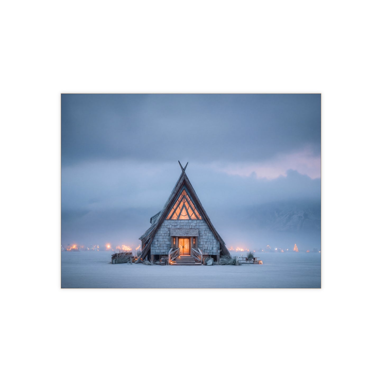 Frostbound A-Frame Cabin Ceramic Photo Tile – Warm Light in a Winter Hush