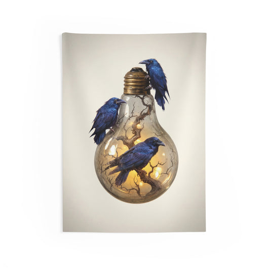 Ravens in the Lightbulb Indoor Wall Tapestries – Whispers of Forgotten Wisdom