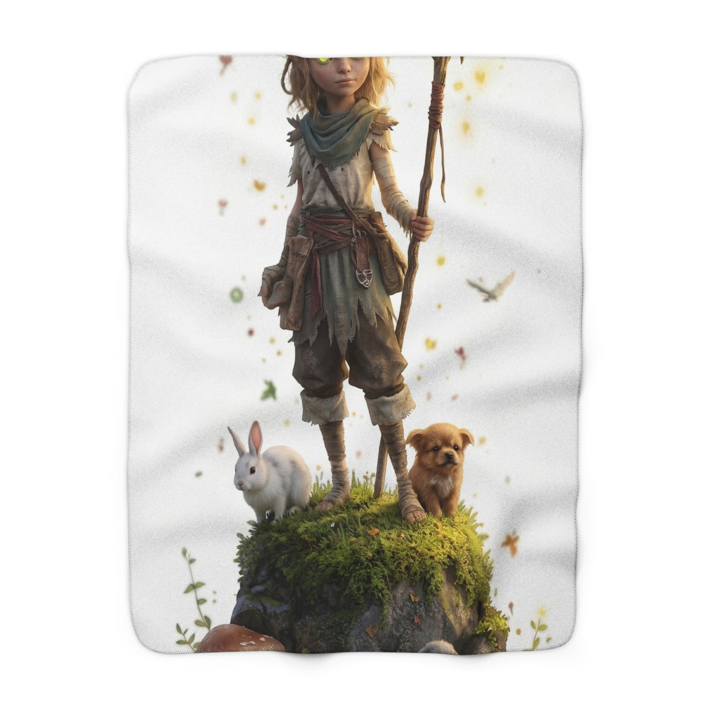 Forest Guardian Sherpa Fleece Blanket – Whimsical Child with Deer Antlers and Glowing Eyes