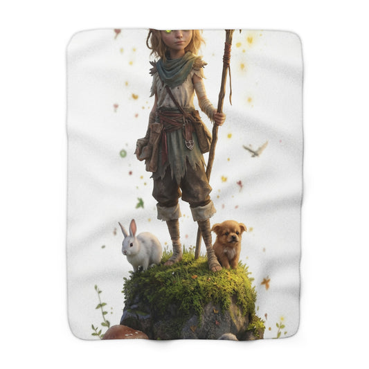 Antlered Guardian Sherpa Fleece Blanket – Mossy Rock Forest Sentinel