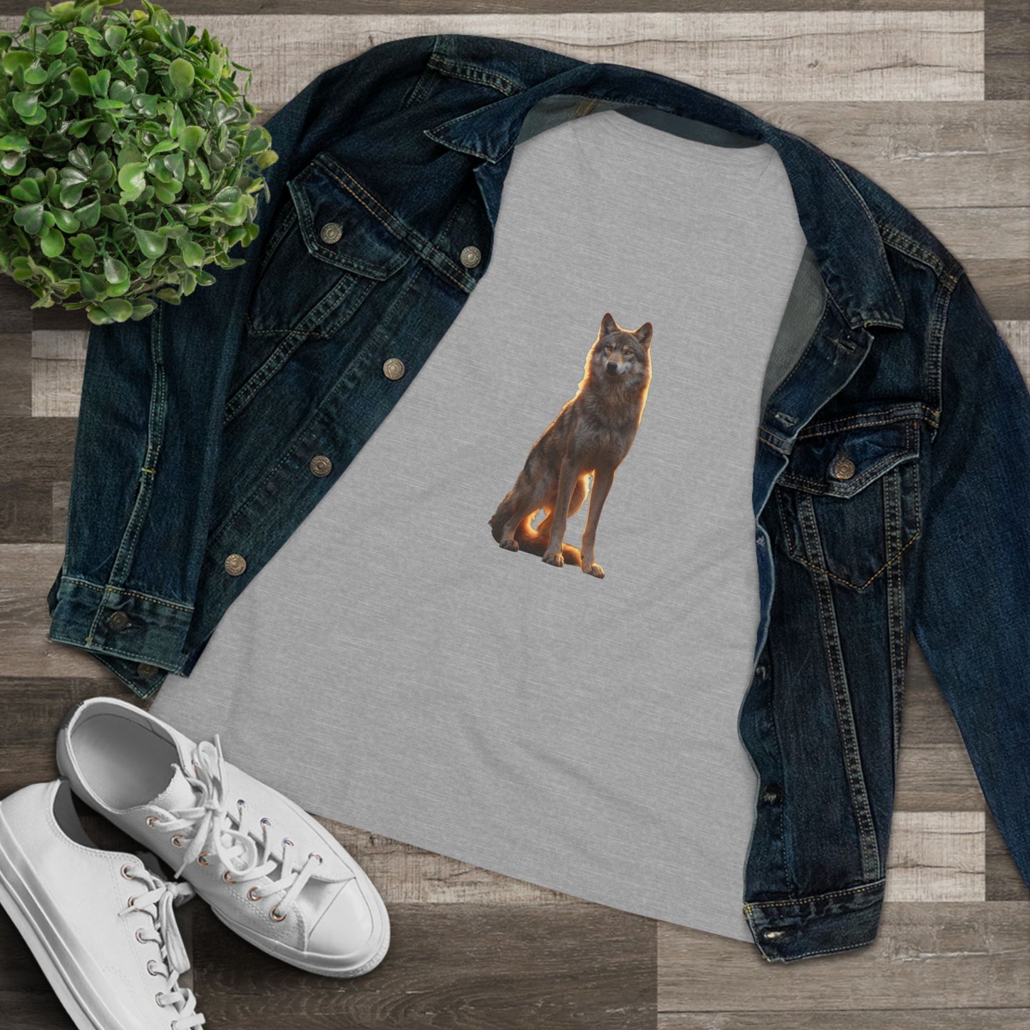 Sunlit Wolf Guardian Women's Cotton Tee – Amber Glow Sentinel