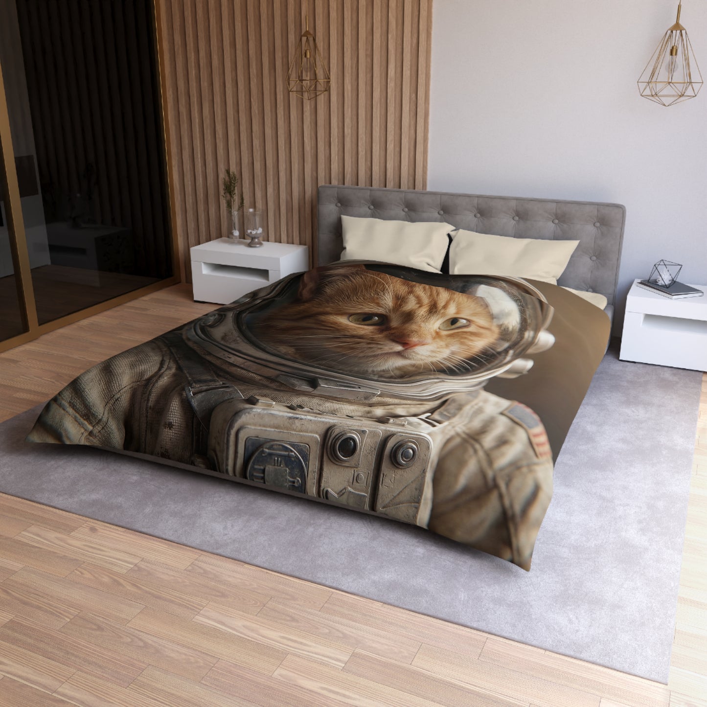 Astronaut Cat Microfiber Duvet Cover – Warm Glow in the Cosmos