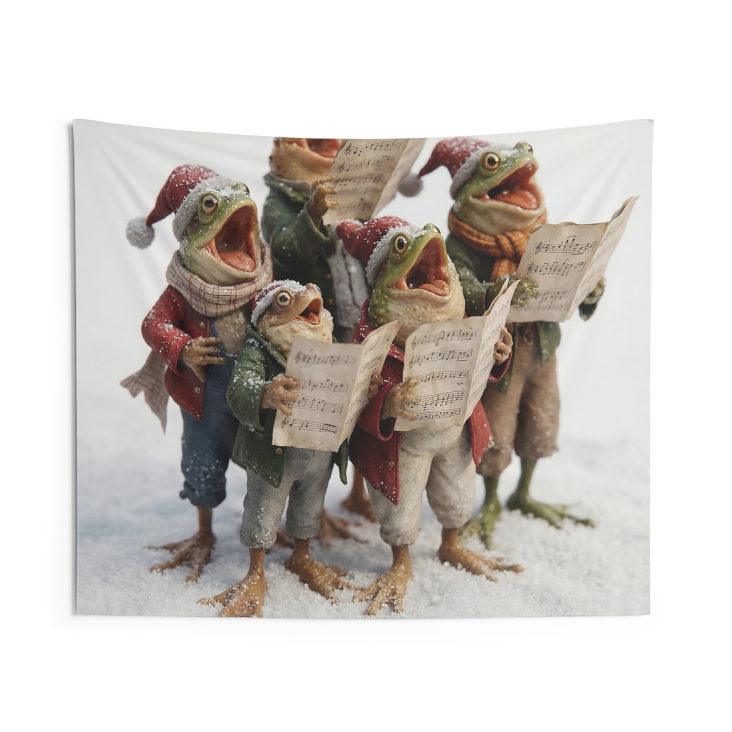 Frogs in Snow Choir Indoor Wall Tapestries – Winter Carolers in Festive Frost