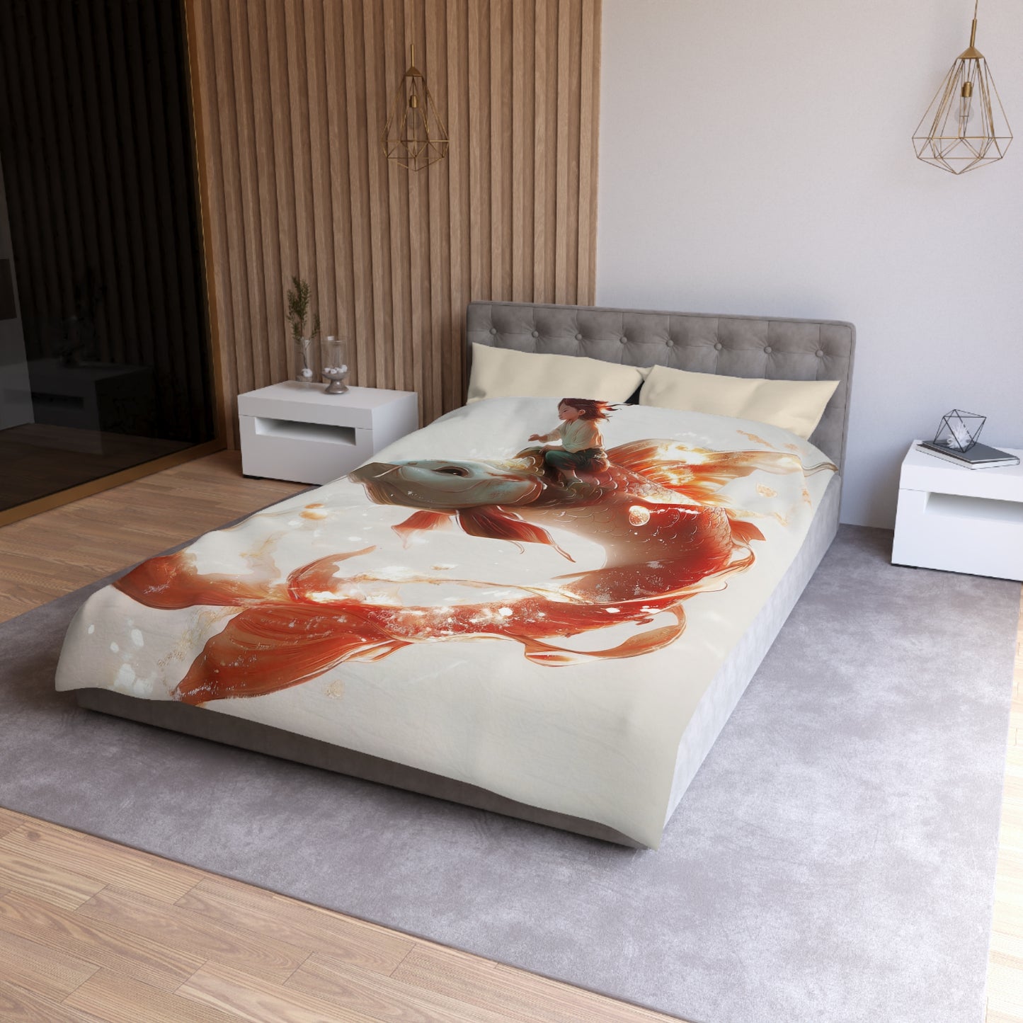 Child on Celestial Koi Microfiber Duvet Cover – Warm Glow Dreamscape