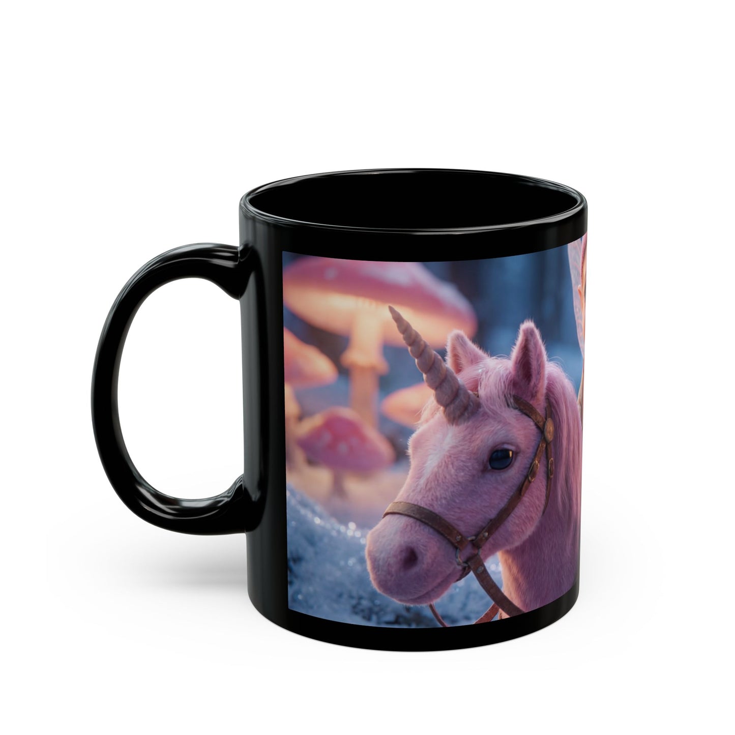 Fairy Rider Unicorn Mug – Snowy Mushroom Grove Dreamscape