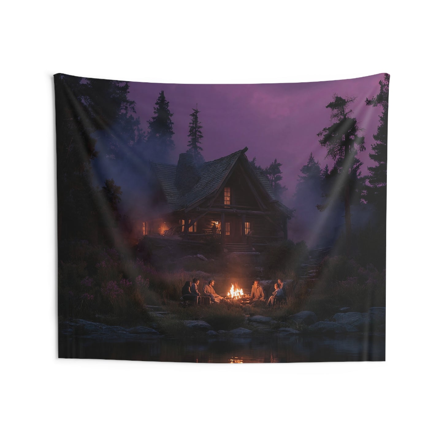 Whispering Pines Cabin Tapestry – Twilight Gathering by the River