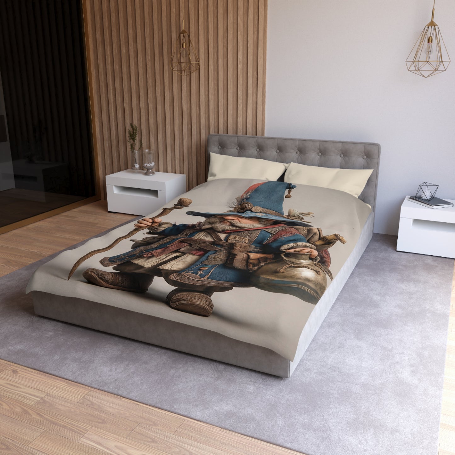 Traveling Wizard Duvet Cover – Blue Cloak and Feathered Hat Dreamscape