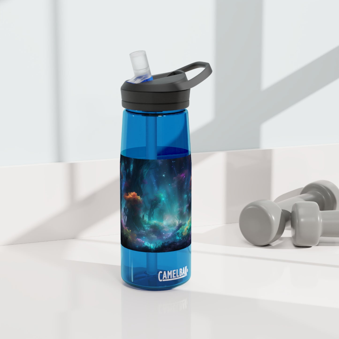 Panoramic digital art of an alien planet's mesmerizing bioluminescent forest, the towering trees adorned with glowing foliage in vivid shades of blue - CamelBak Eddy®  Water Bottle, 20oz\25oz