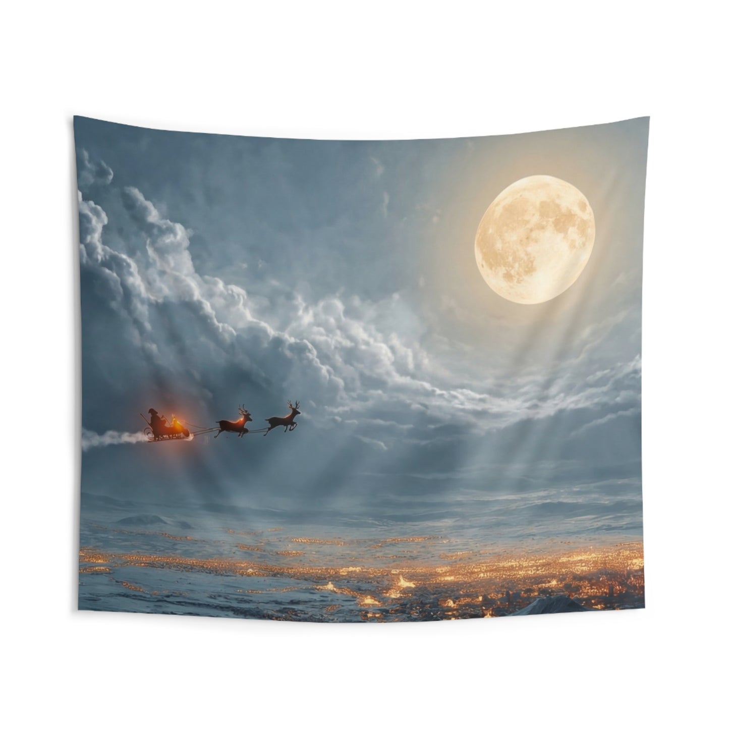 Moonlit Sleigh Ride Indoor Wall Tapestries – Winter’s Silent Journey Over Snow-Covered Town