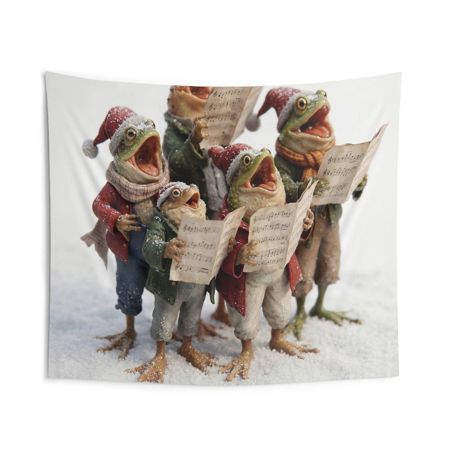 Frogs in Snow Choir Indoor Wall Tapestries – Winter Carolers in Festive Frost