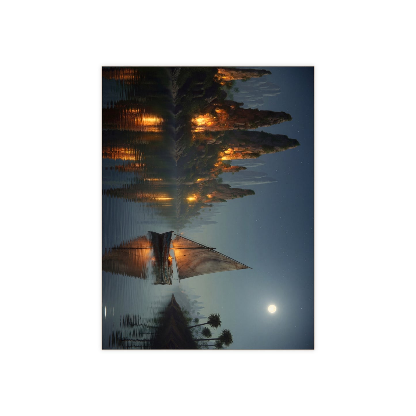 Moonlit River Voyage Ceramic Photo Tile – Warm Light Through Ancient Peaks