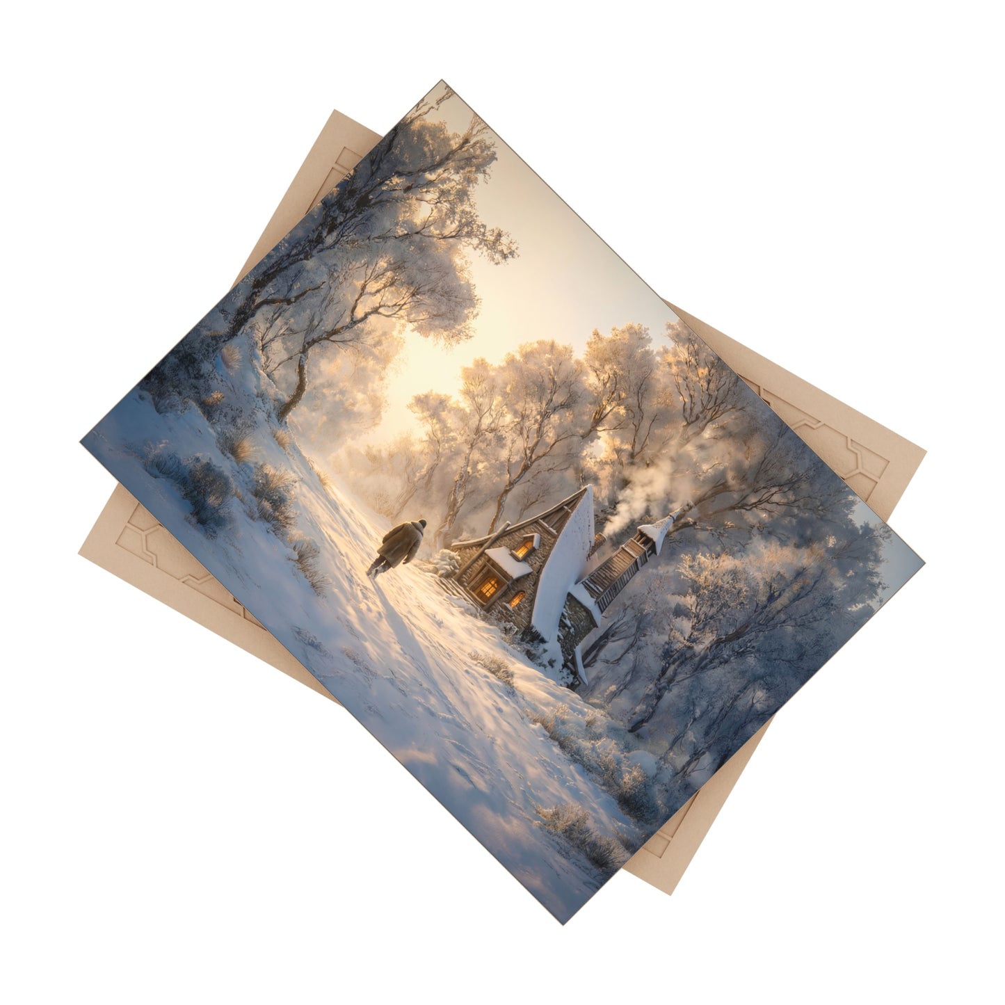 Winter Solstice Cottage Ceramic Photo Tile – Warm Light Through Frosty Woods