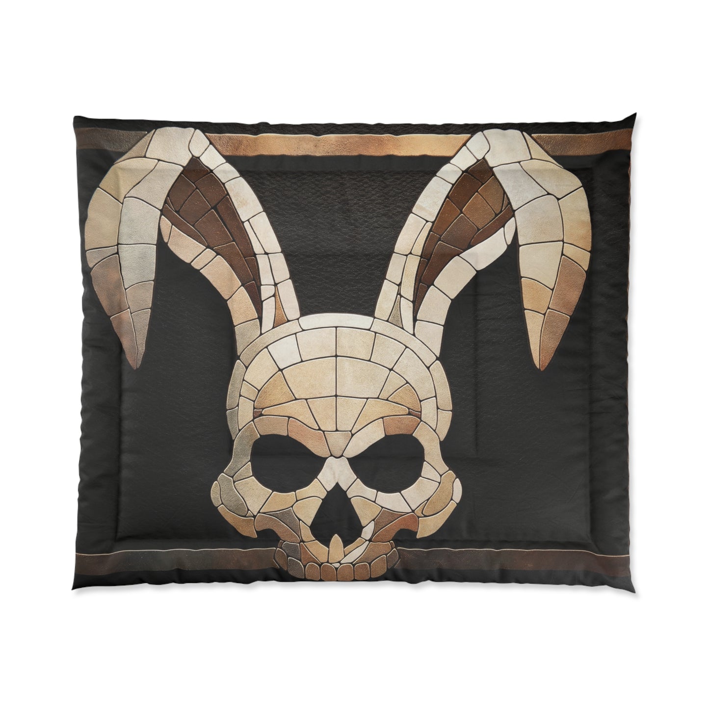Mosaic Rabbit Skull Comforter – Warm Earth Tones Against Deep Black