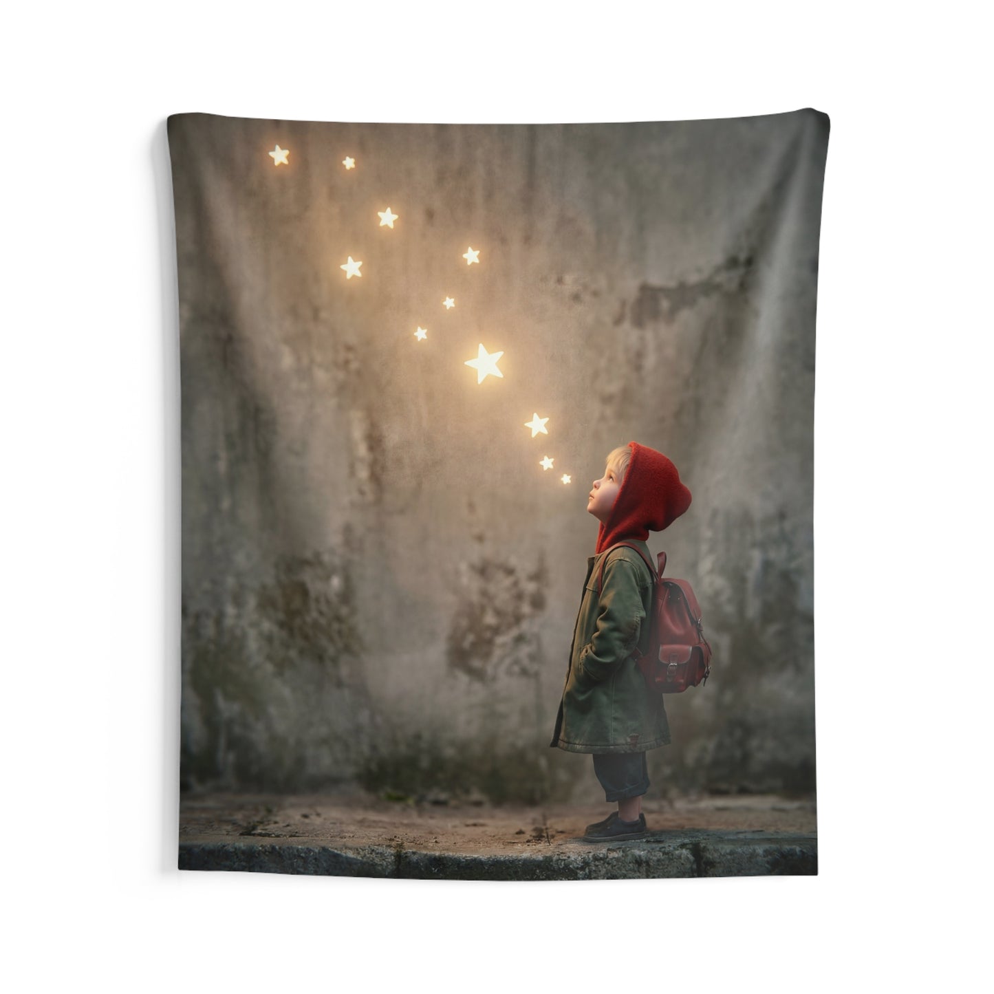 Starbound Child Indoor Wall Tapestries – Warm Glow Against Weathered Stone