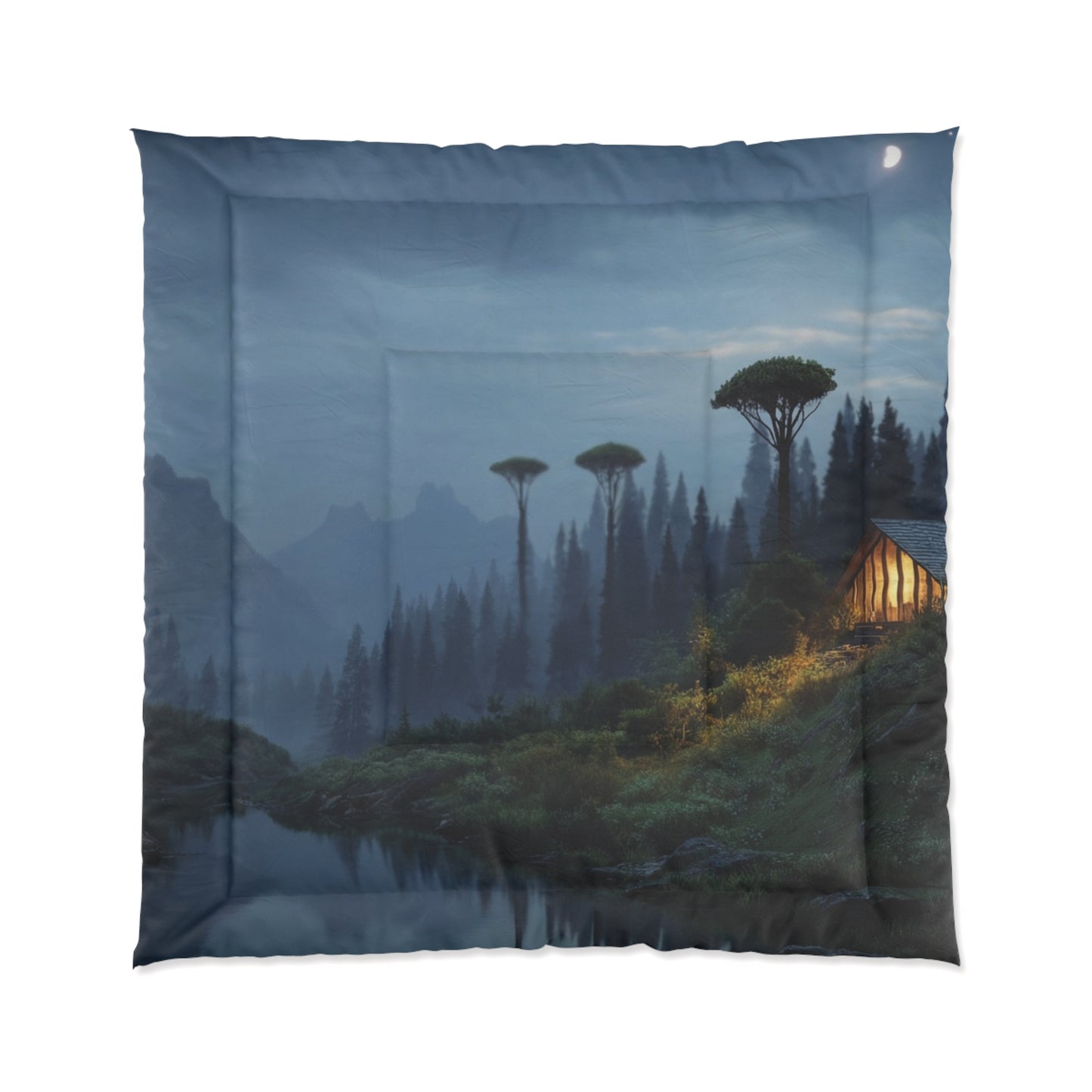 Moonlit Mountain Cabin Comforter – Warm Hearth Glow Amidst Whispering Peaks