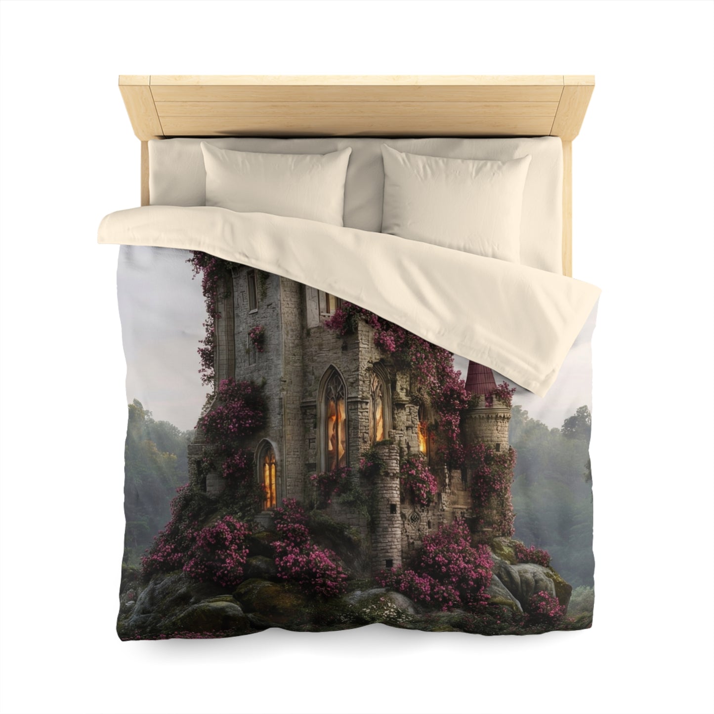 Rose-Covered Castle Microfiber Duvet Cover – Whispers of the Misty Vale