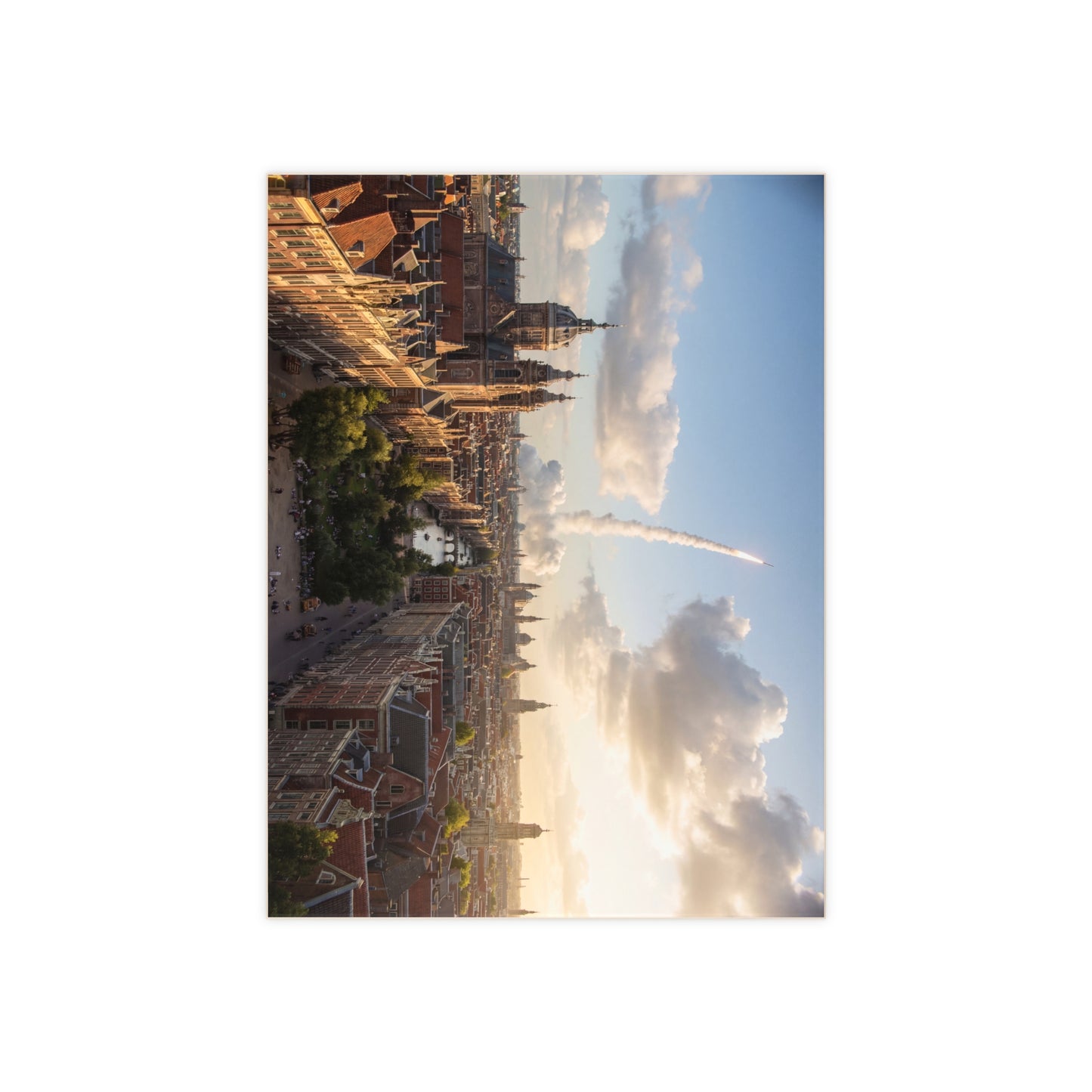 Rocket Through Amsterdam Skyline Ceramic Photo Tile – Dawn’s Unseen Launch
