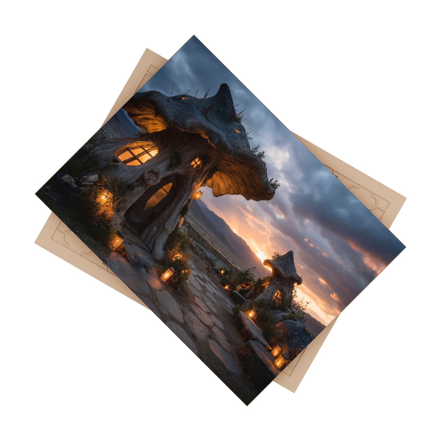 Mushroom Cottage Sunset Tile – Warm Light Over Mountain Hearth