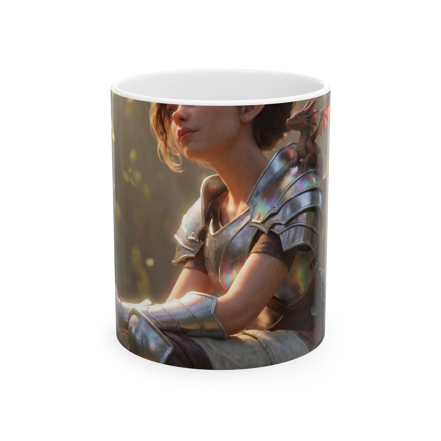 Elf Warrior with Dragon Companion Ceramic Mug – Sunlit Forest Sentinel