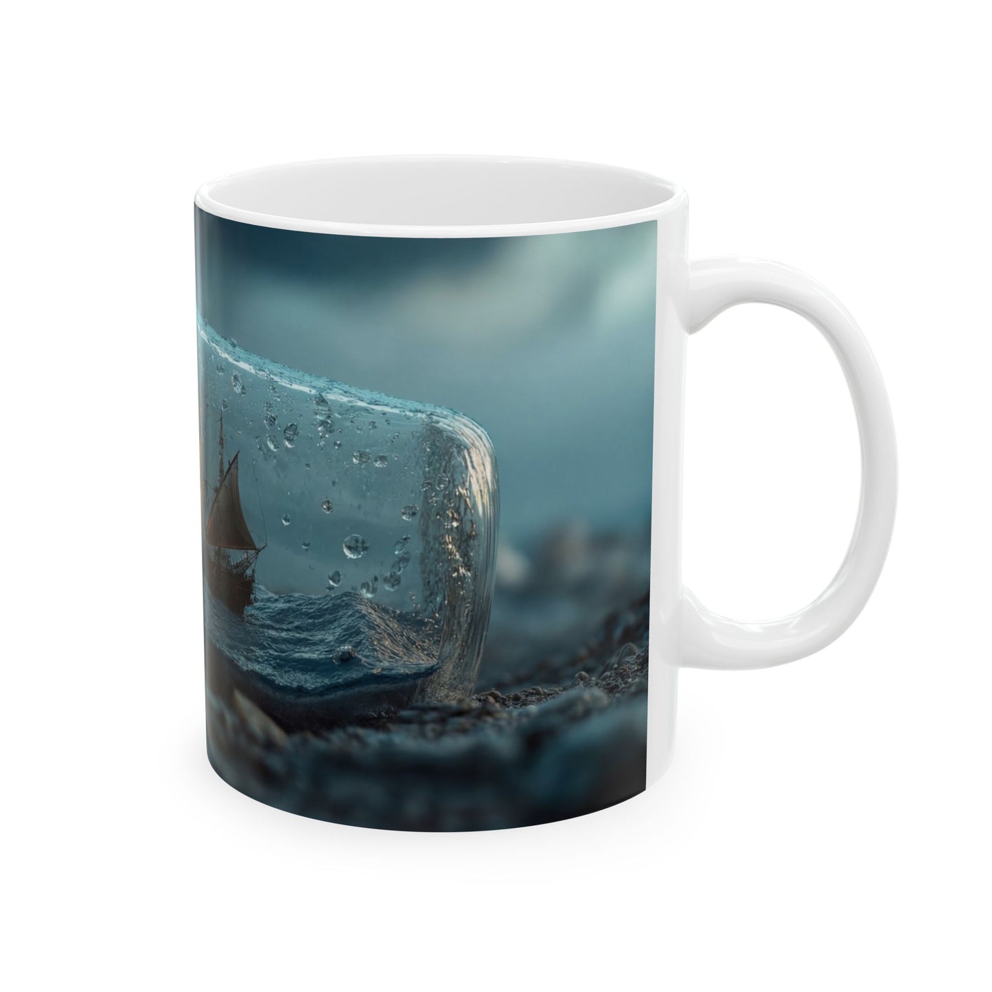 Storm-Sailed Ship in Bottle Ceramic Mug – (11oz, 15oz) – Sea’s Secret Encased