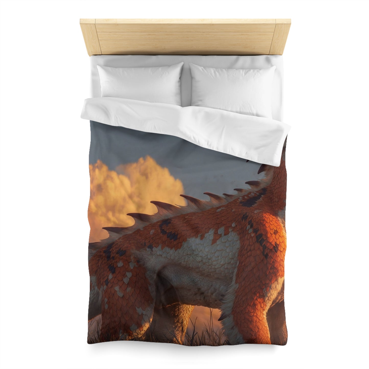 Sunset Sentinel Dragon Microfiber Duvet Cover – Warm Amber Glow in Wild Grass