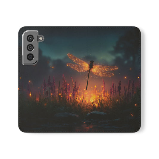 Bioluminescent Dragonfly Flip Cases – Glowing Amber Wings Over Twilight Marsh