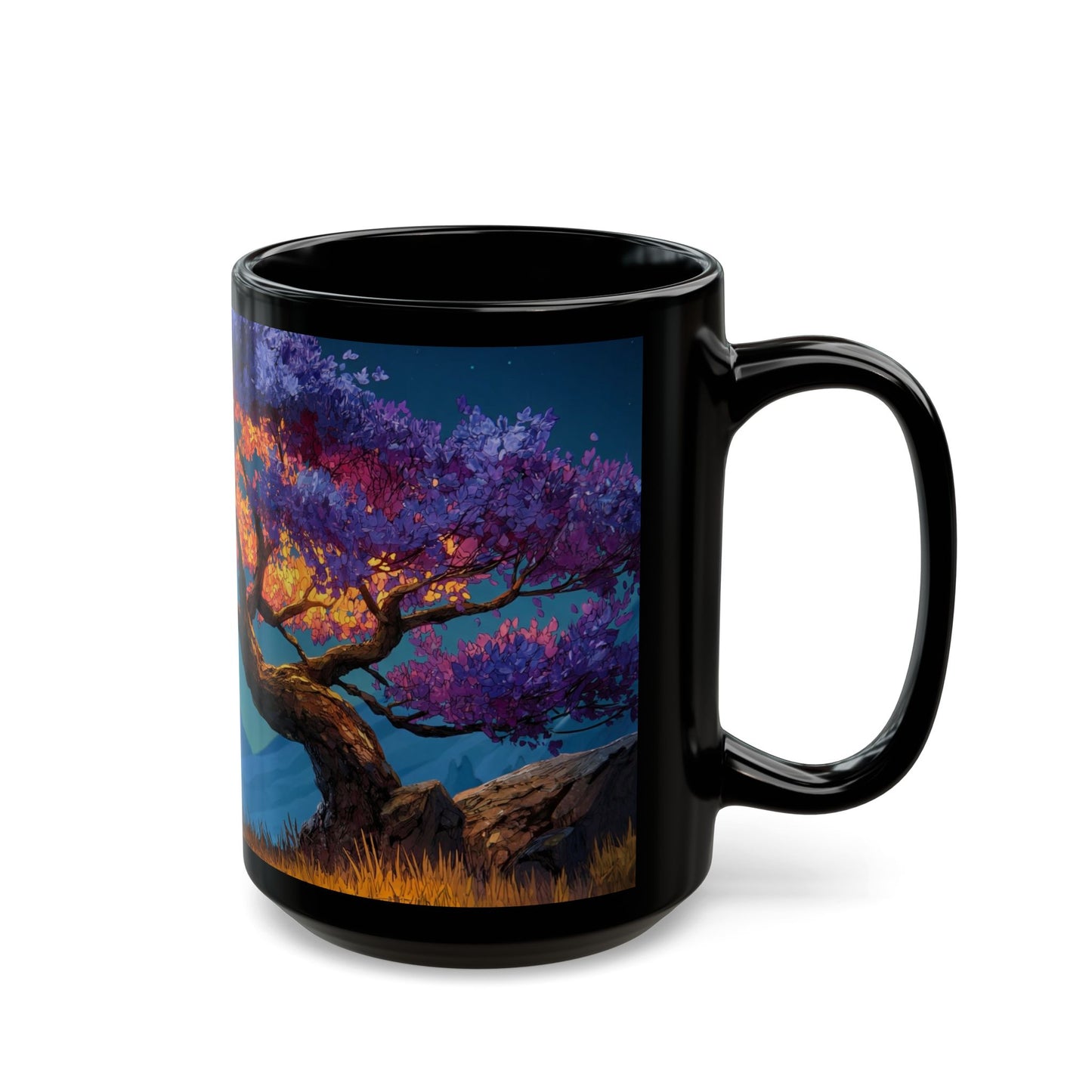 Starlit Twilight Tree Black Mug – Celestial Bloom Dreamscape