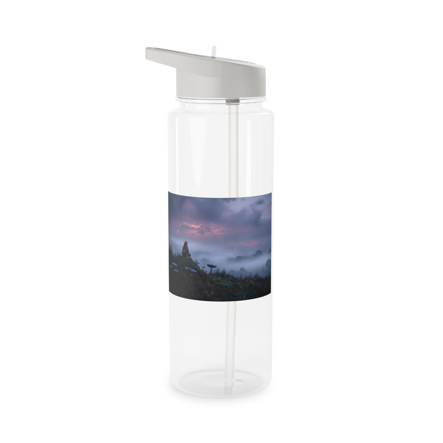 Twilight Hilltop Tritan Water Bottle – Mossy Rock and Crescent Moon Vignette