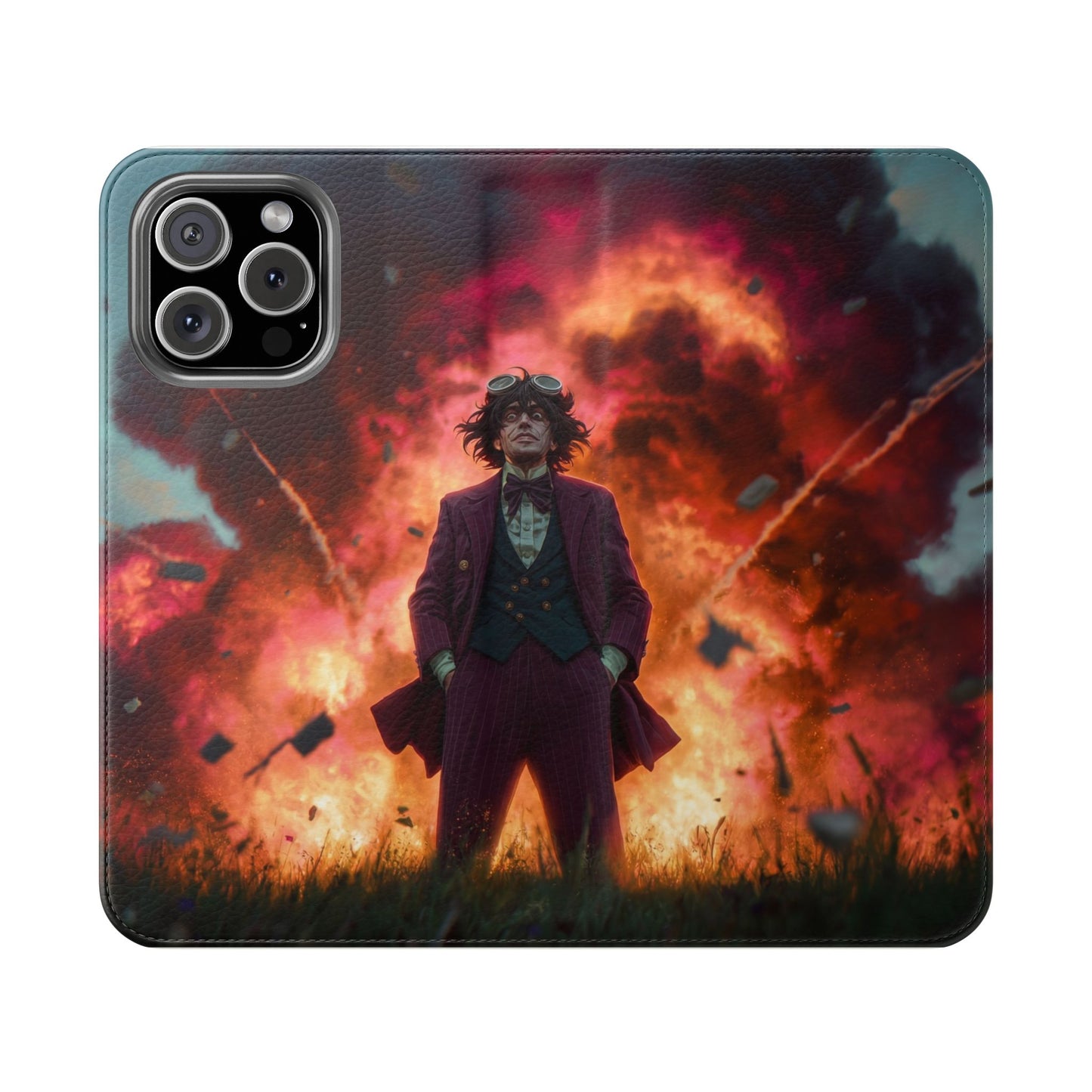Goggles & Chaos Flip Cases – Purple Suit Amidst Fiery Explosion