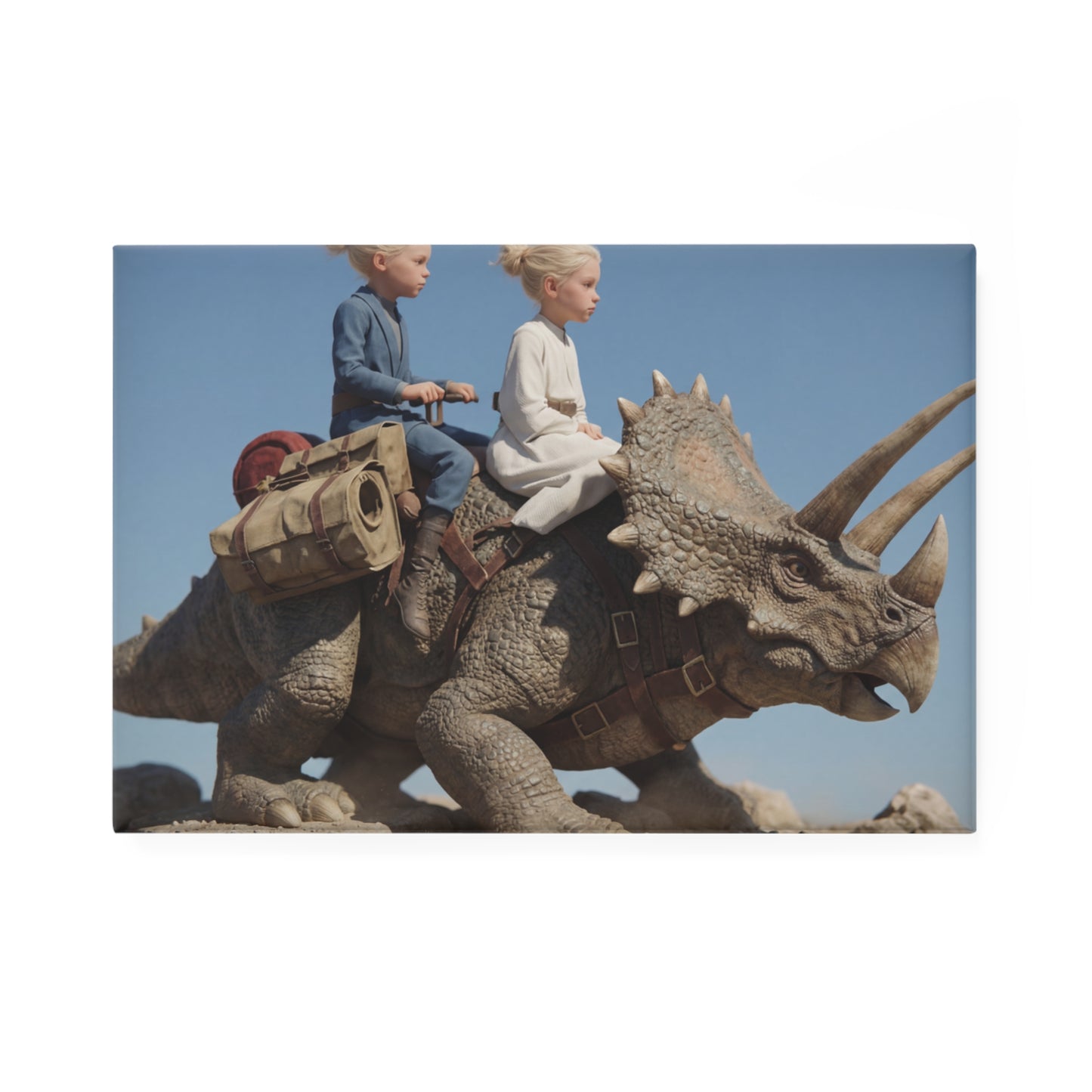 Twin Explorers on Triceratops Button Magnet, Rectangle (1 & 10 pcs) – Dusty Desert Odyssey