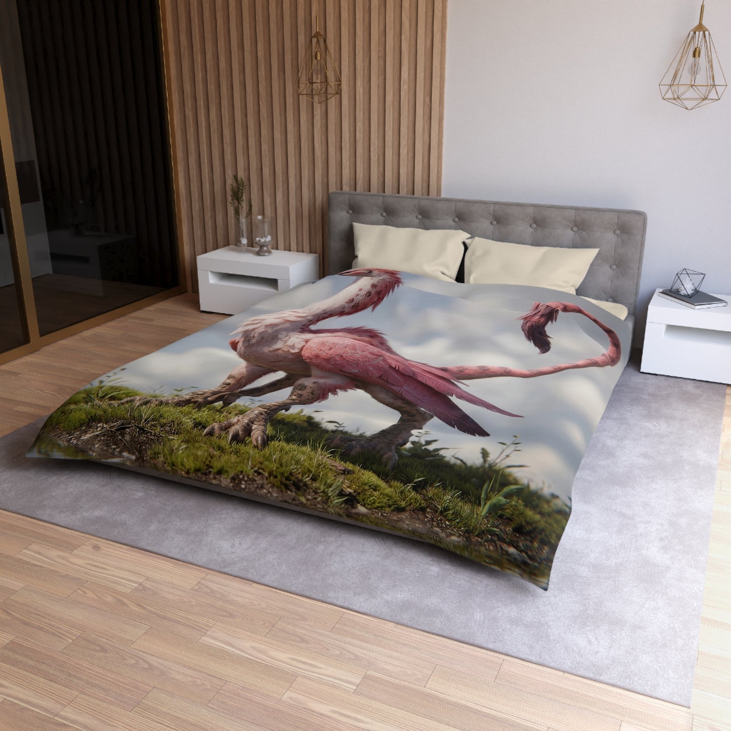 Pink Dawn Sentinel Microfiber Duvet Cover – Soft Feathers Against Sky Reflections