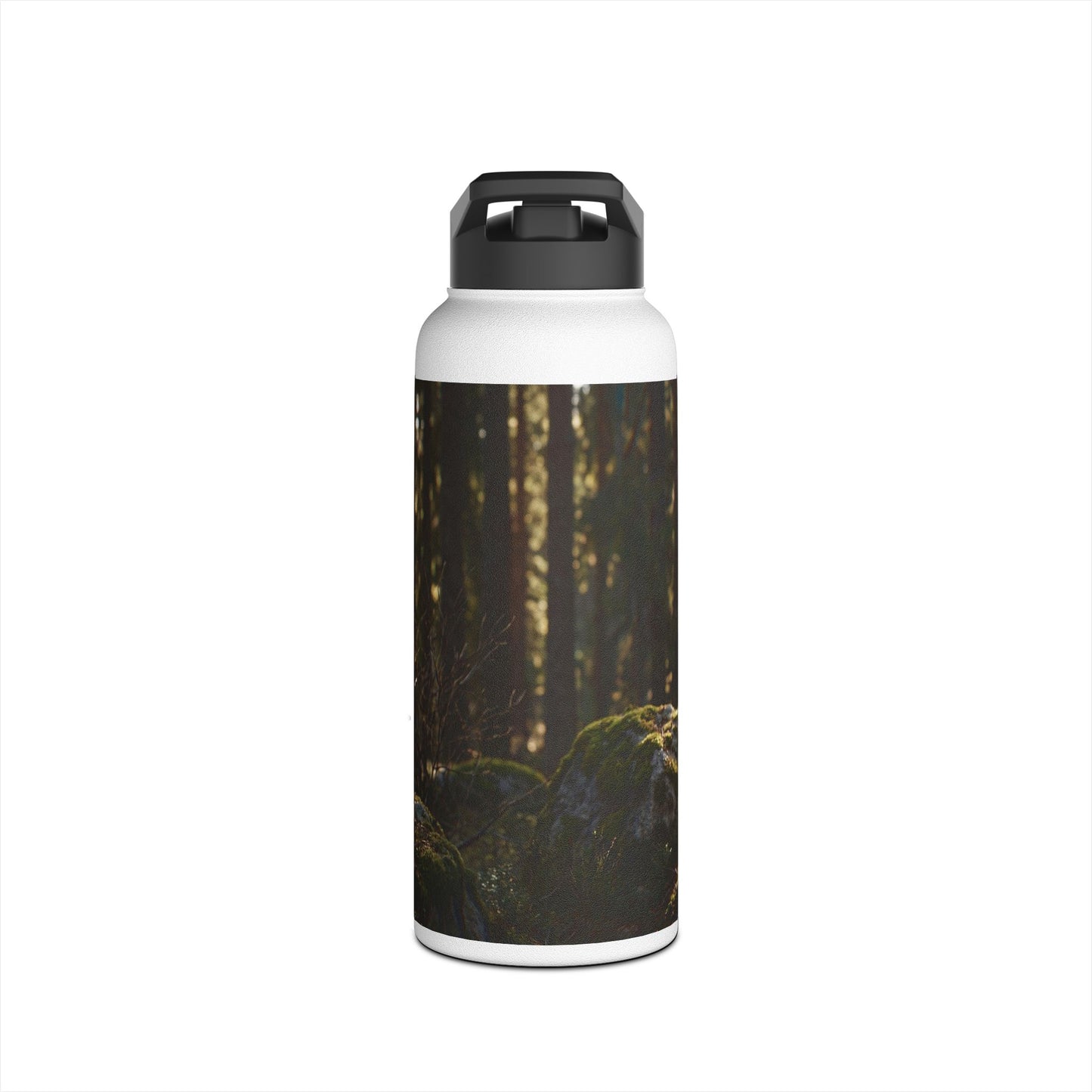 Winged Wolf in Sunlit Grove Stainless Steel Water Bottle, Standard Lid – Guardian of the Mossy Pines