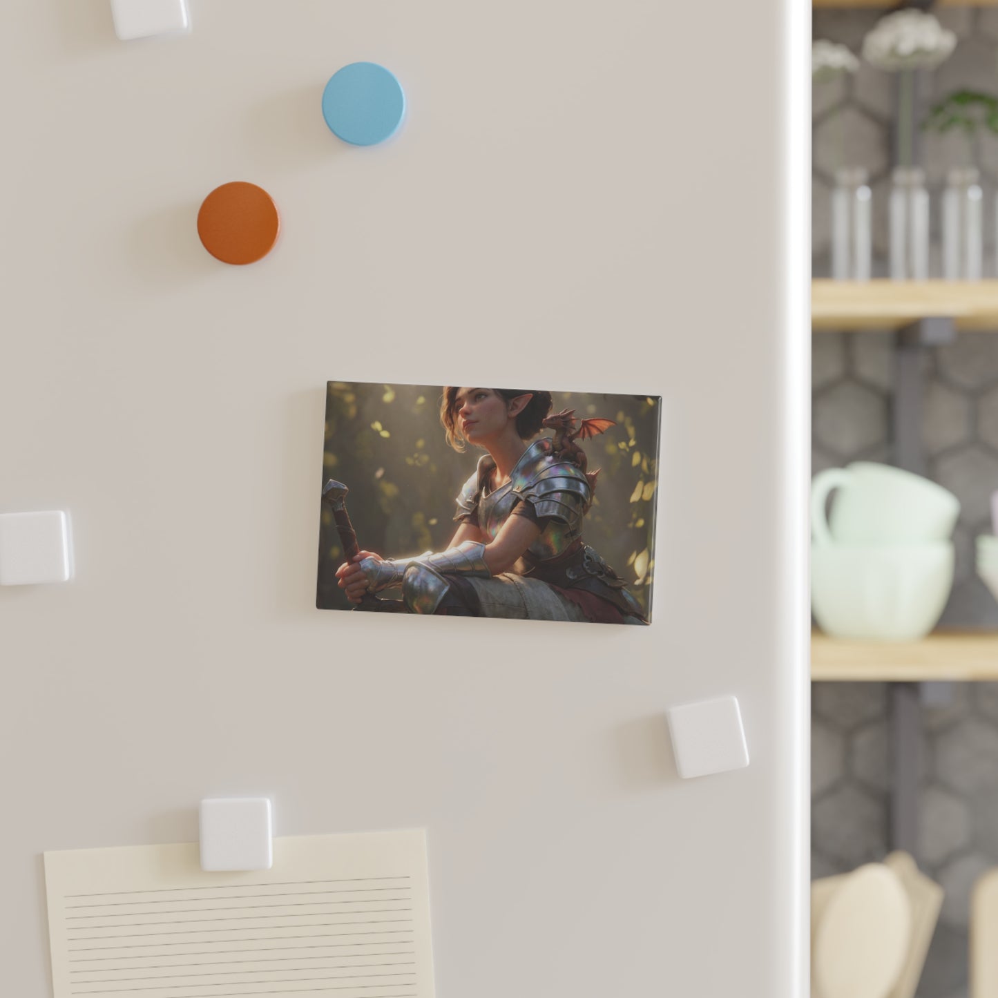 Elven Paladin with Dragon Button Magnet – Iridescent Armor & Tiny Guardian Art Print