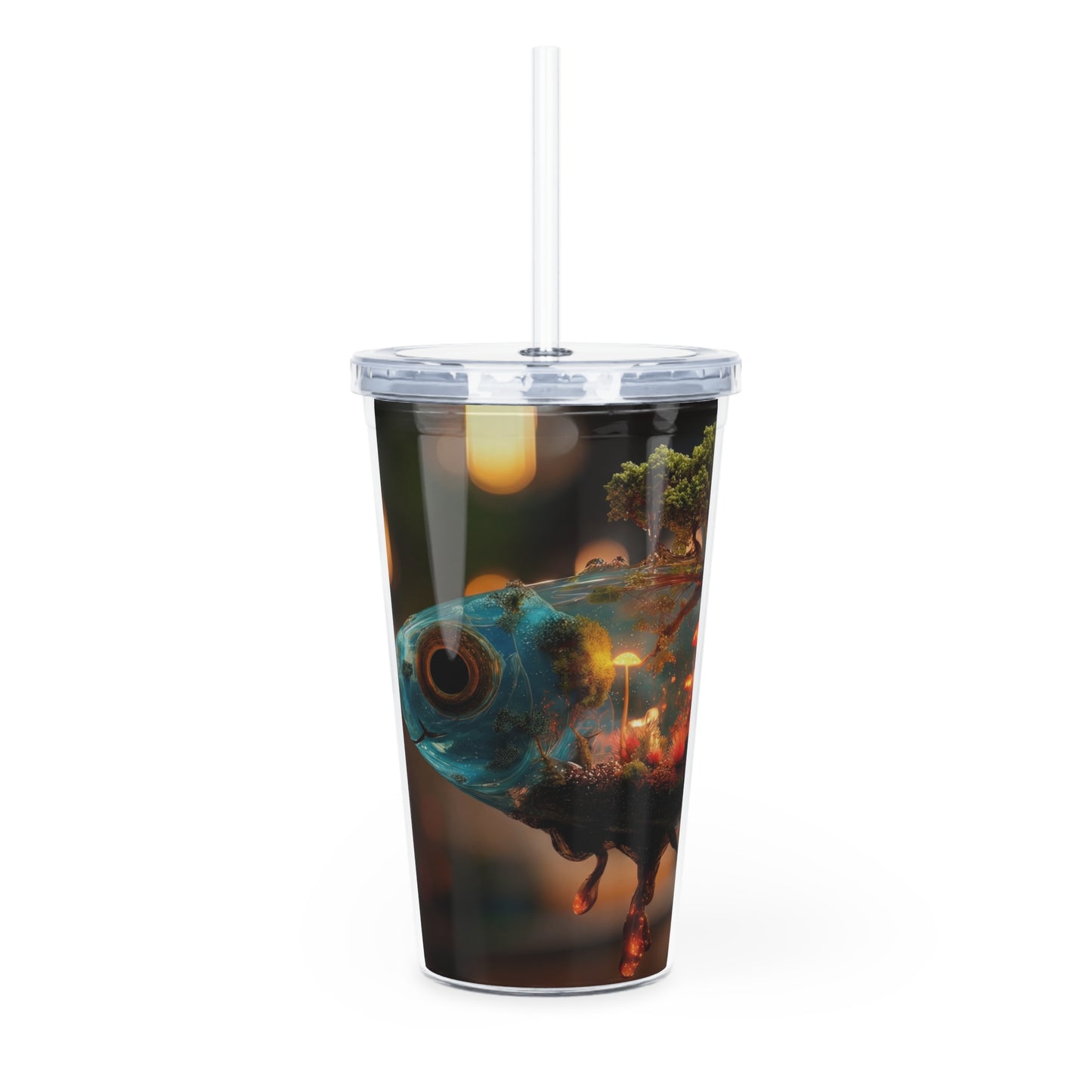 Forest Within Fish Plastic Tumbler with Straw – Bioluminescent Oasis in Motion