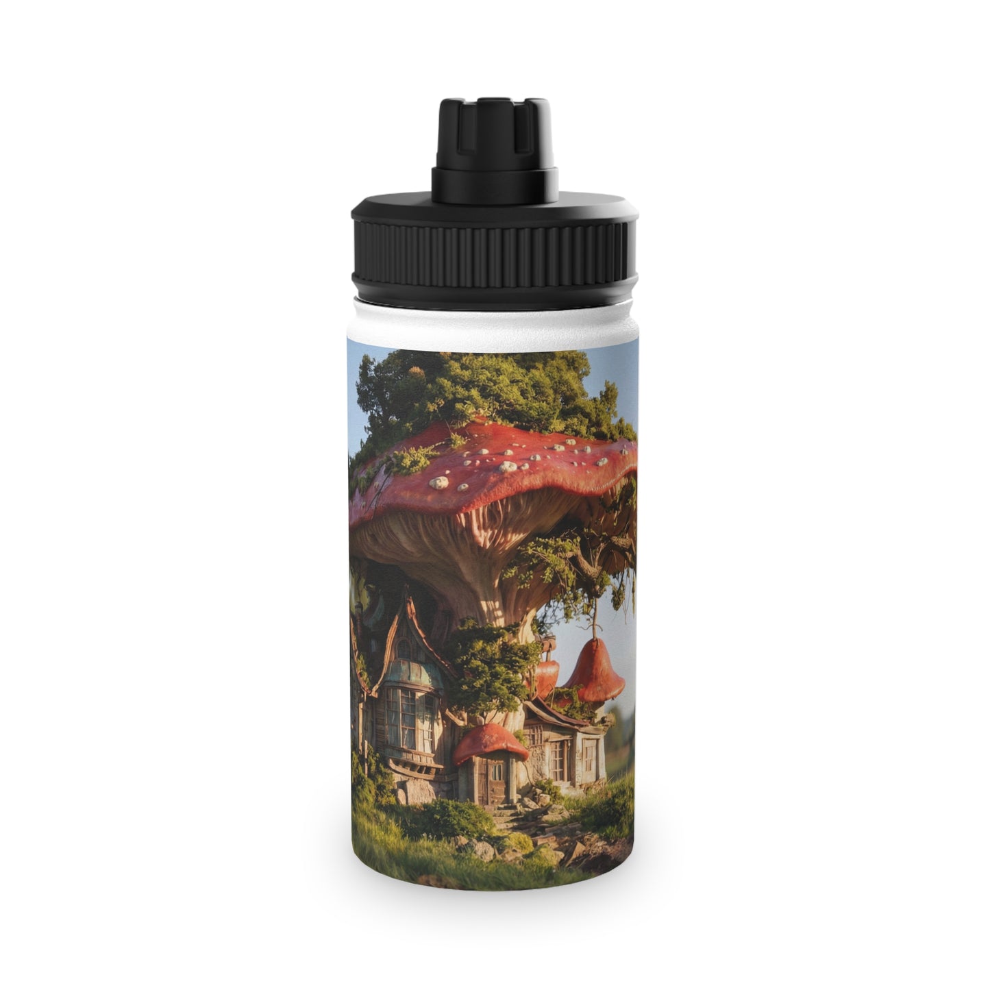 Mushroom Cottage Water Bottle – Red Cap Forest Dwelling with Gnarled Roots