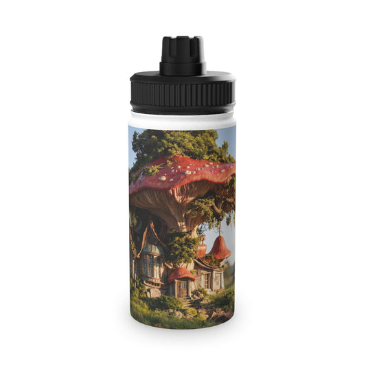 Mushroom Cottage Water Bottle – Red Cap Forest Dwelling with Gnarled Roots