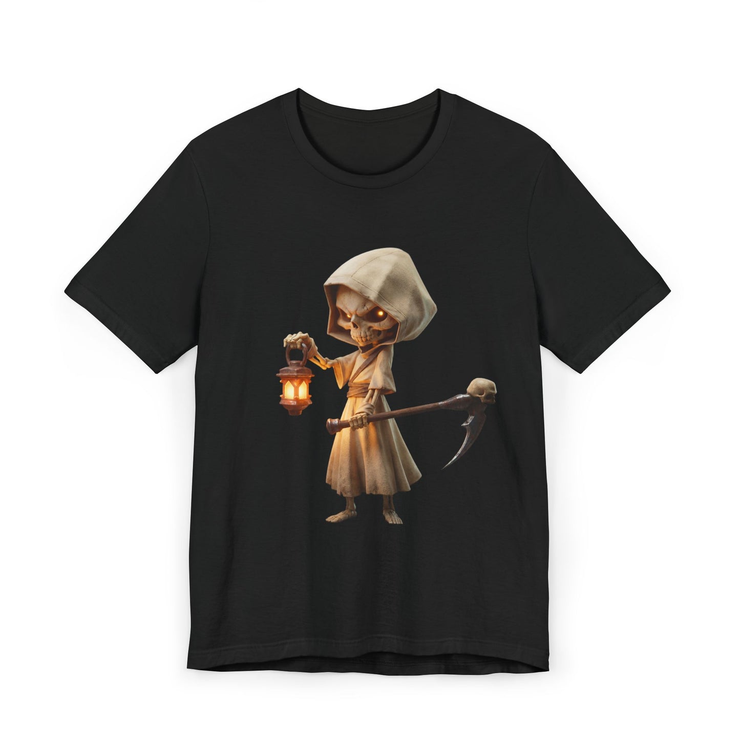 Lantern-Bearing Reaper Jersey T-Shirt – Candlelit Skeleton Sentinel