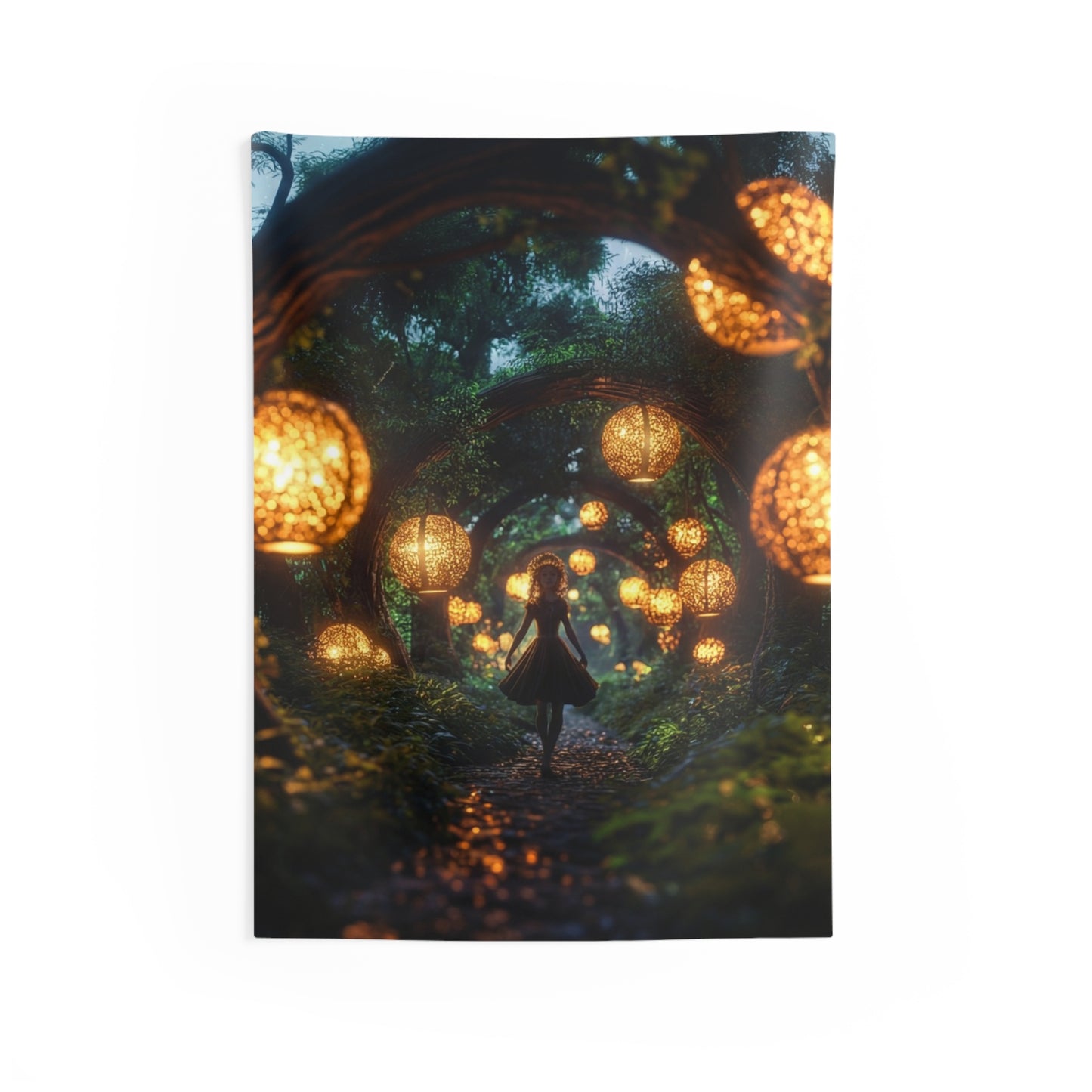 Girl Among Glowing Lanterns Indoor Wall Tapestries – Whispering Forest Pathway