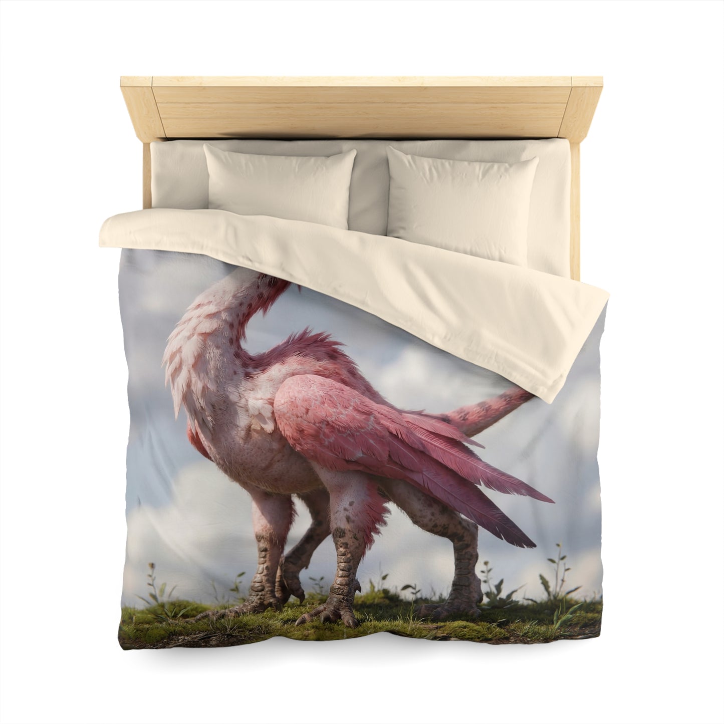 Pink Dawn Sentinel Microfiber Duvet Cover – Soft Feathers Against Sky Reflections