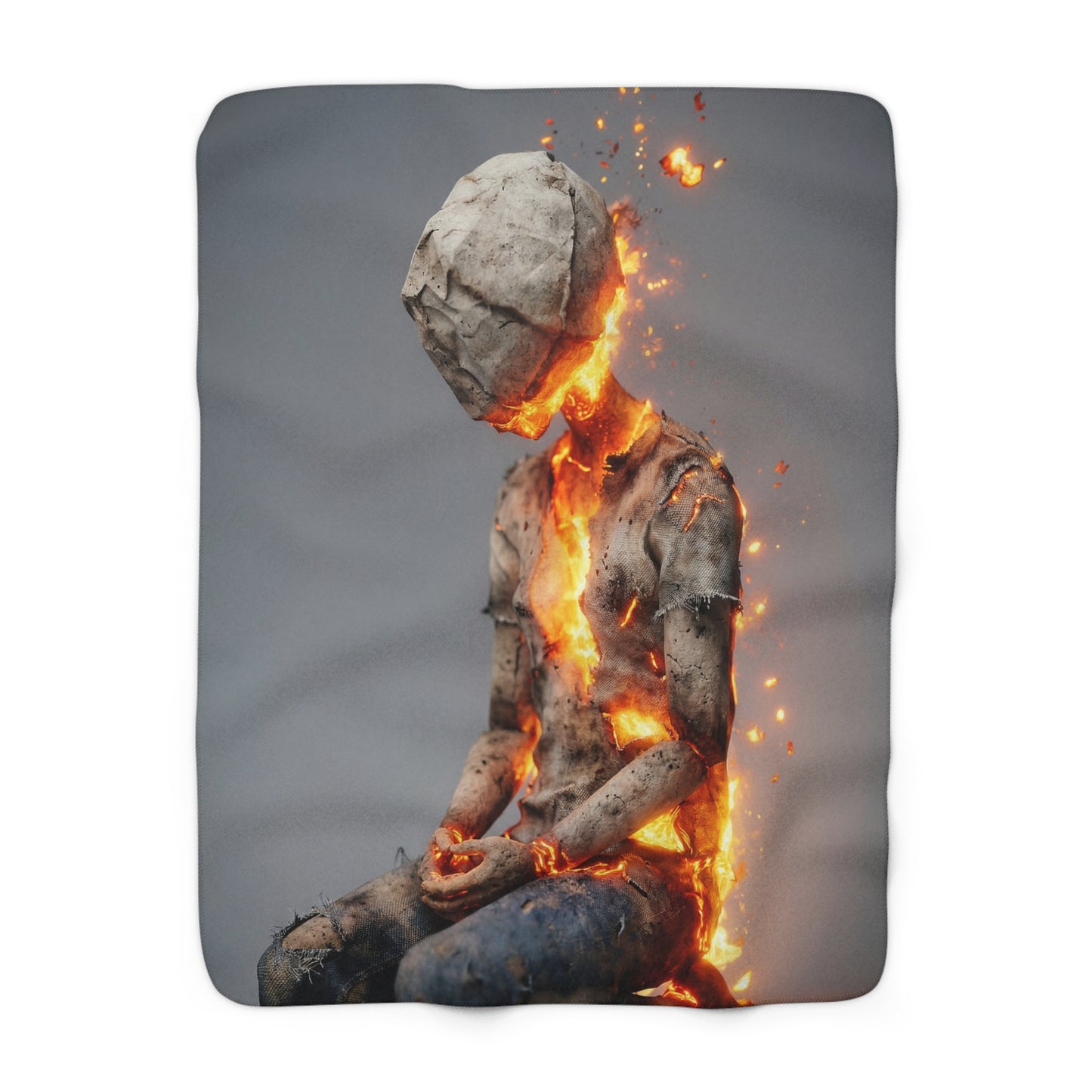 Ashen Sentinel Sherpa Fleece Blanket – Fiery Core Meditation Scene