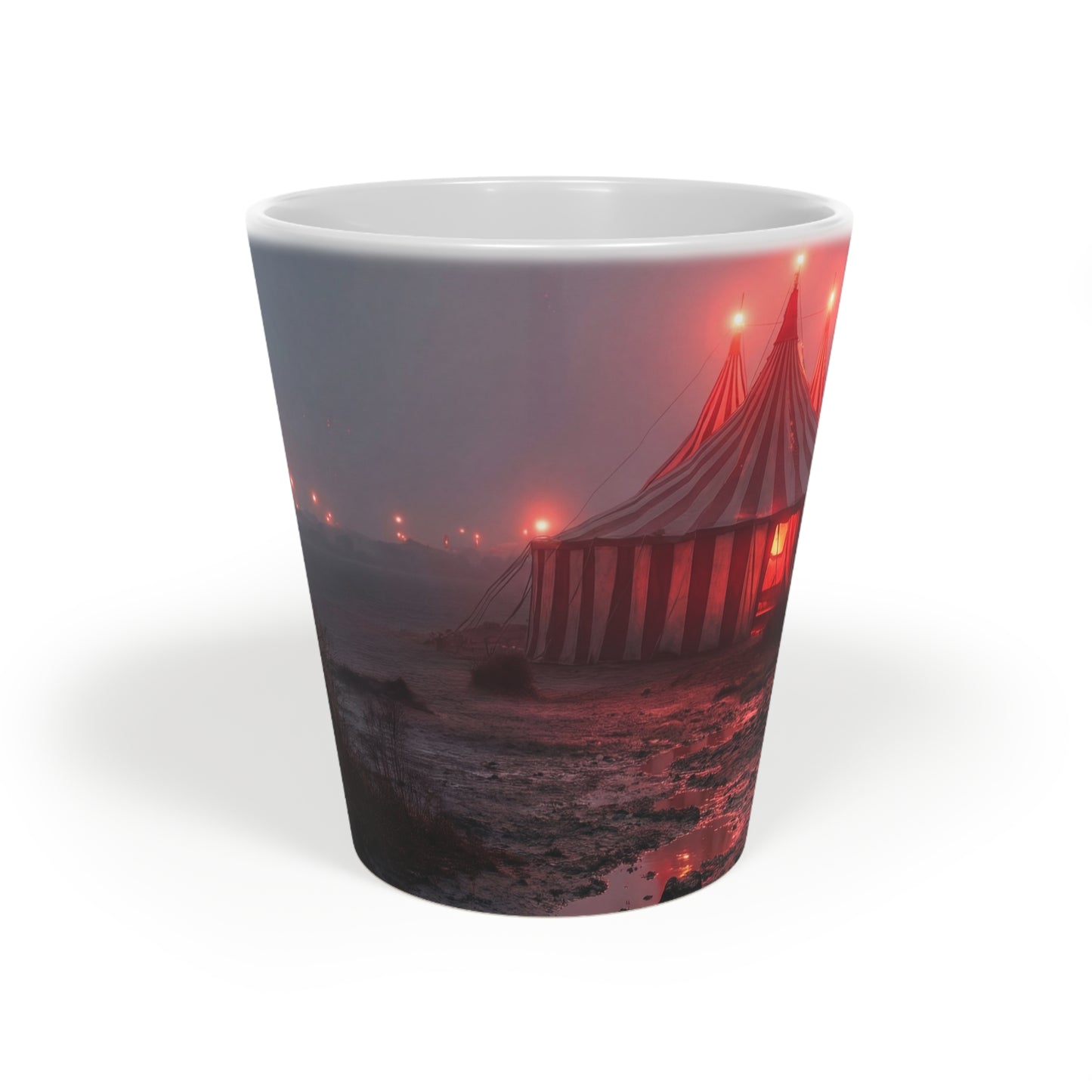 Crimson Circus Tent Latte Mug, 12oz – Midnight Revelry on the Shore