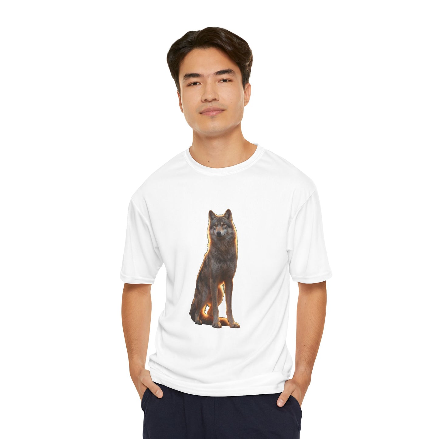 Golden Hour Wolf Men's Performance T-Shirt – Sunlit Sentinel Graphic Tee