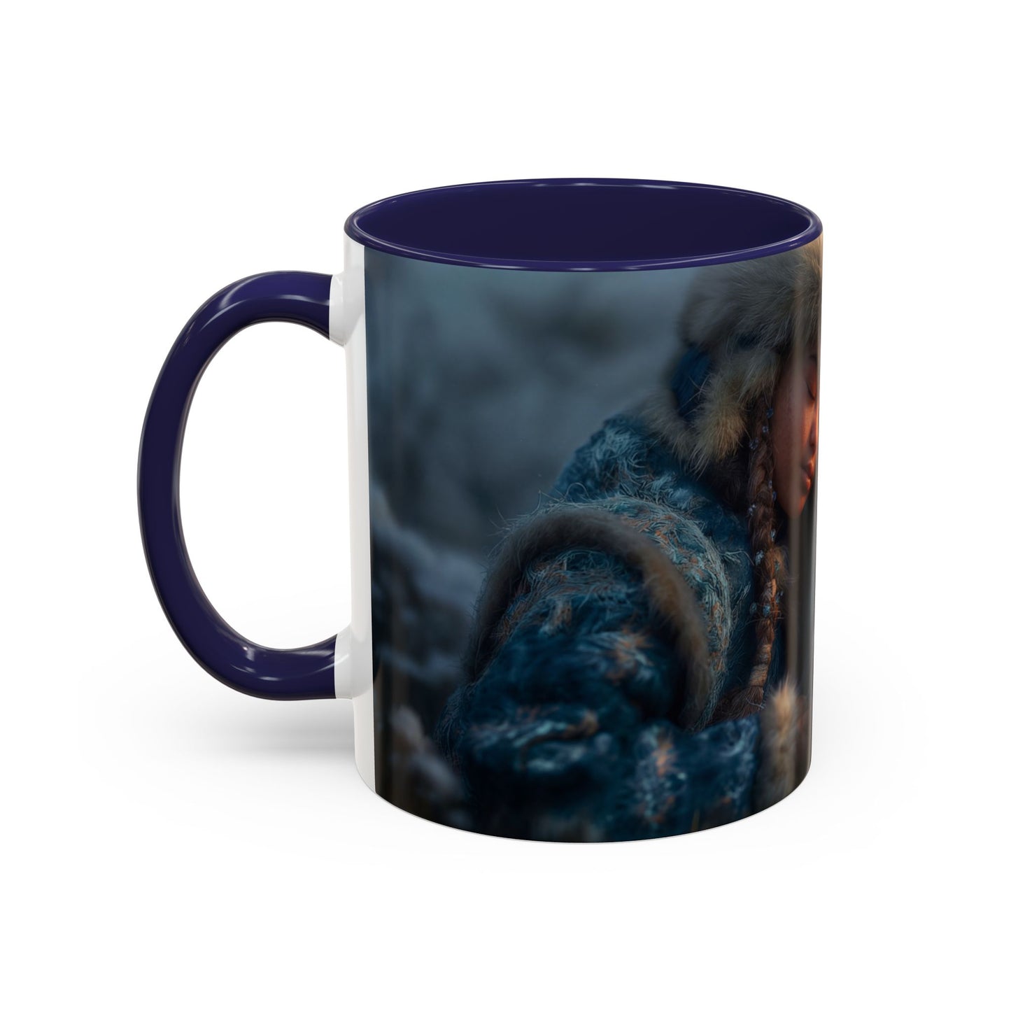 Winter Guardian Accent Coffee Mug (11, 15oz) – Fur-Hooded Child Sleeping Beside White Dragon Sentinel