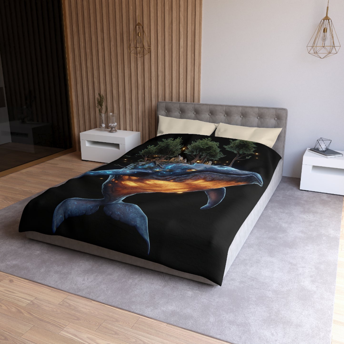 Bioluminescent Whale Sanctuary Duvet Cover – Floating City on a Gentle Giant