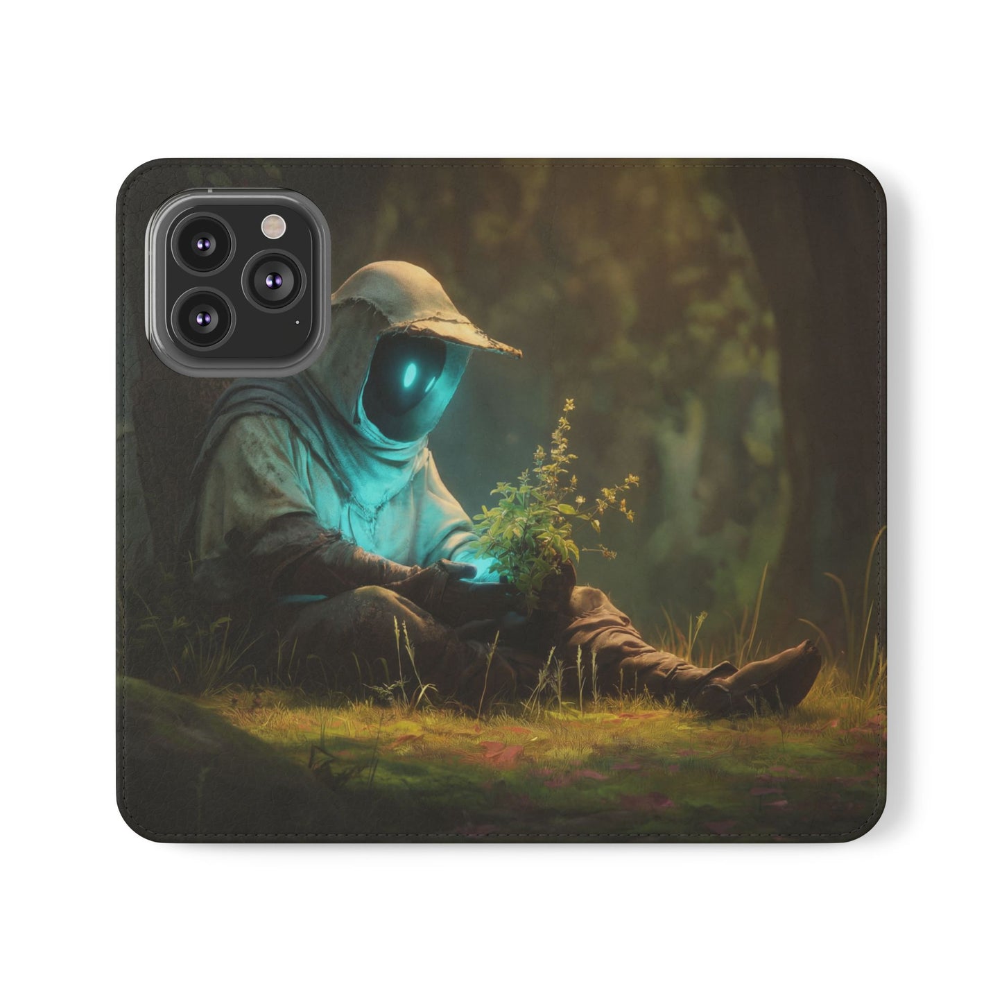 Glowing Orb Hooded Guardian Flip Cases – Bioluminescent Forest Keeper
